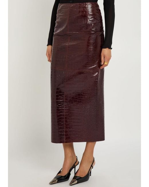 Nour Hammour Purple Elyse Crocodile-Effect Leather Midi Skirt