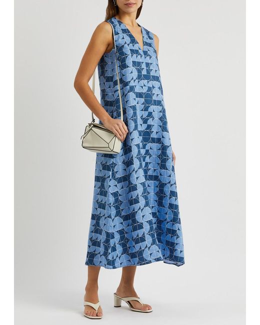 Max Mara Blue Urlo Printed Linen Midi Dress