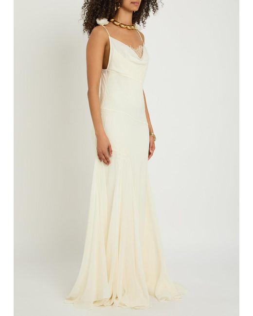 De La Vali White Dia Embroidered Appliquéd Silk Maxi Dress