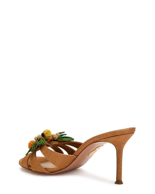 Aquazzura Brown Birdsong 75 Appliquéd Woven Raffia Mules