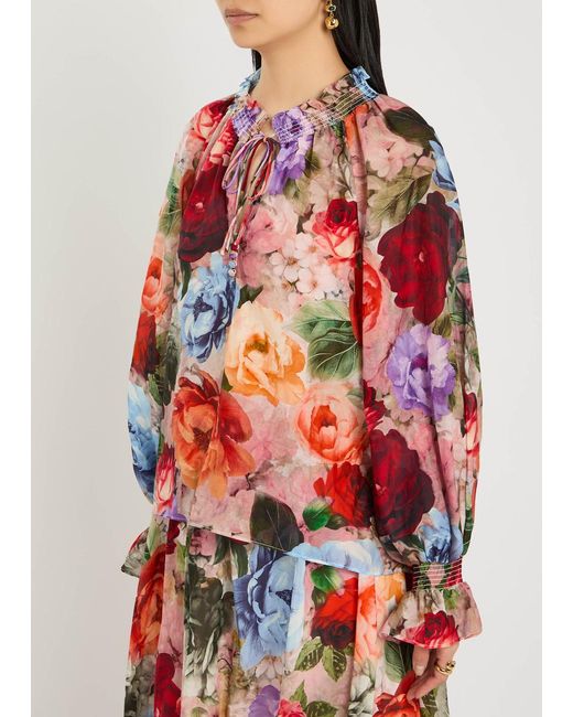 Alice + Olivia Red Norah Floral Cotton-Blend Blouse