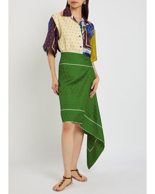Otzio Green Margot Printed Asymmetric Silk Midi Skirt