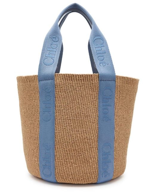 Chloé Blue Woody Logo-Embroidered Raffia Basket Bag