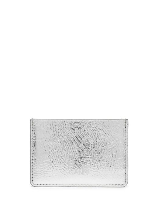 Ganni Gray Bou Logo Metallic Leather Card Holder