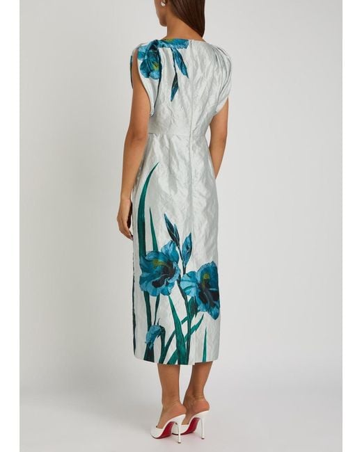 Erdem Blue Floral-Print Textured Satin Midi Dress