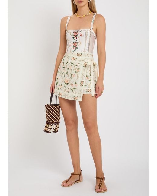 Agua Bendita Natural Luna Floral-Print Linen Mini Wrap Skirt