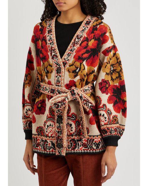 Farm Rio Red Winter Tapestry Intarsia Knitted Cardigan
