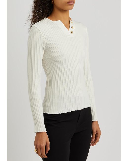 Vince White Henley Ribbed Stretch-cotton Top