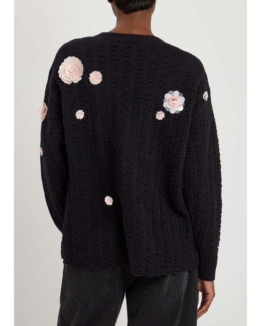 BERNADETTE Blue Cammi Floral-Embellished Wool-Blend Cardigan