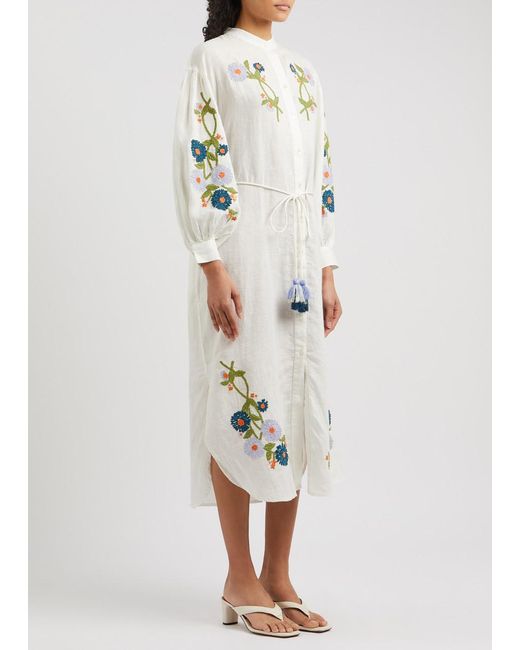 Hannah Artwear White Everly Floral-Embroidered Linen Shirt Dress
