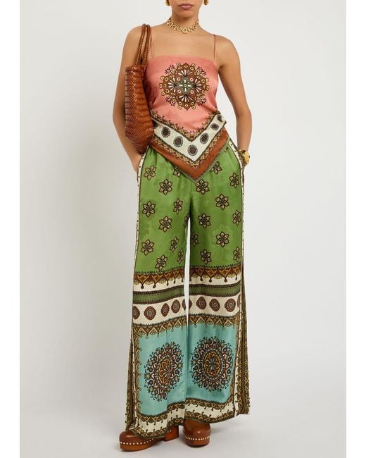 ALÉMAIS Green Contina Printed Wide-Leg Satin Trousers