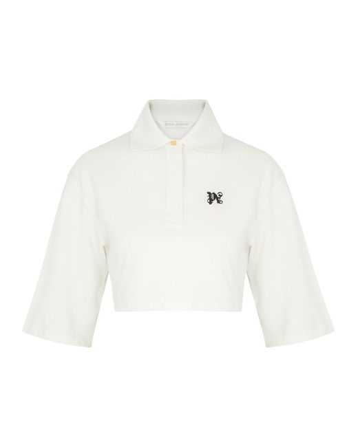 Palm Angels White Logo-embroidered Cropped Cotton-piqué Polo Shirt