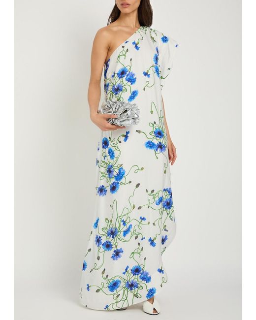 Stella McCartney Blue Asymmetric Floral-Print Satin Maxi Dress