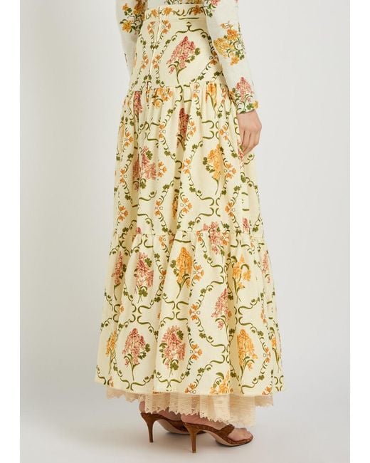 Agua Bendita Metallic Anis Floral-Print Linen Maxi Skirt