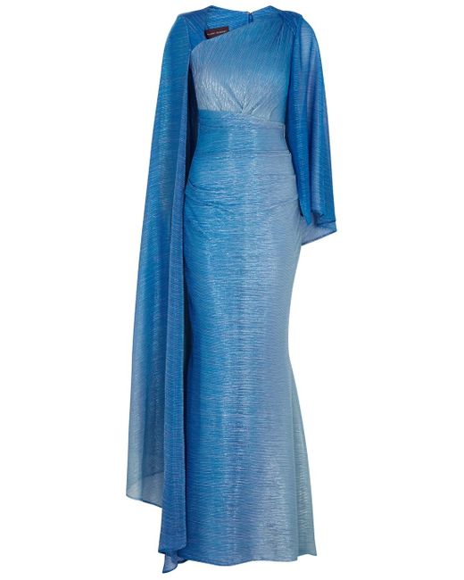 Talbot Runhof Blue Metallic Asymmetric Cape-effect Gown