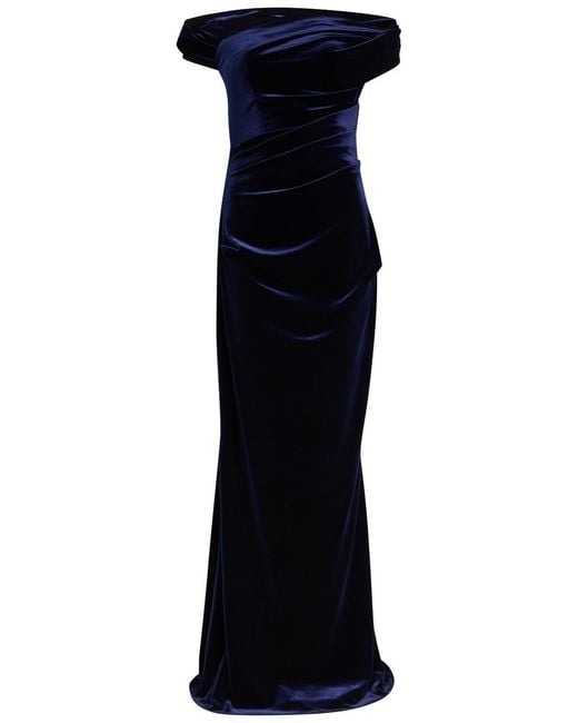 Talbot Runhof Blue Off-The-Shoulder Velvet Gown