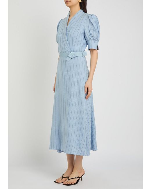 Rebecca Vallance Blue Effie Pinstripe Belted Linen-Blend Midi Dress