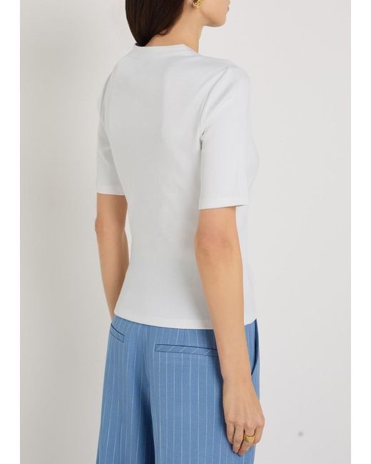 Veronica Beard White Reubian Ribbed Stretch-Cotton Top