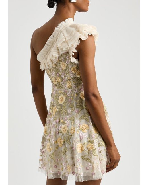 Needle & Thread White Florine One-Shoulder Embroidered Tulle Mini Dress