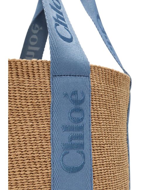 Chloé Blue Woody Logo-Embroidered Raffia Basket Bag