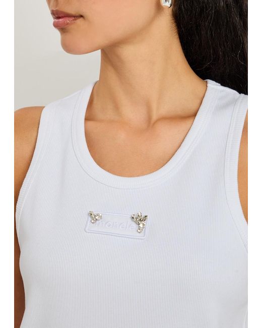 Moncler White Crystal-Embellished Logo Appliqué Stretch-Cotton Tank