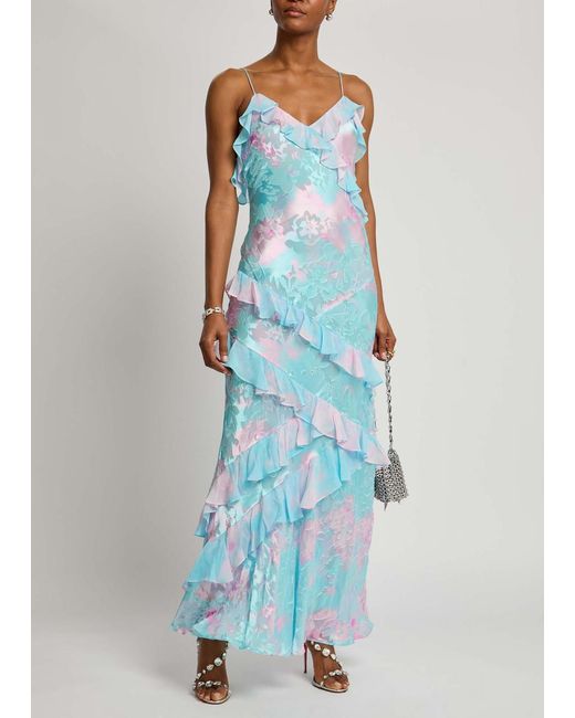 LoveShackFancy Blue Rialto Floral Satin-Devoré Maxi Dress