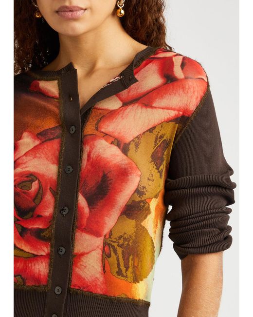 Jean Paul Gaultier Red Roses Printed Tulle And Knitted Cardigan