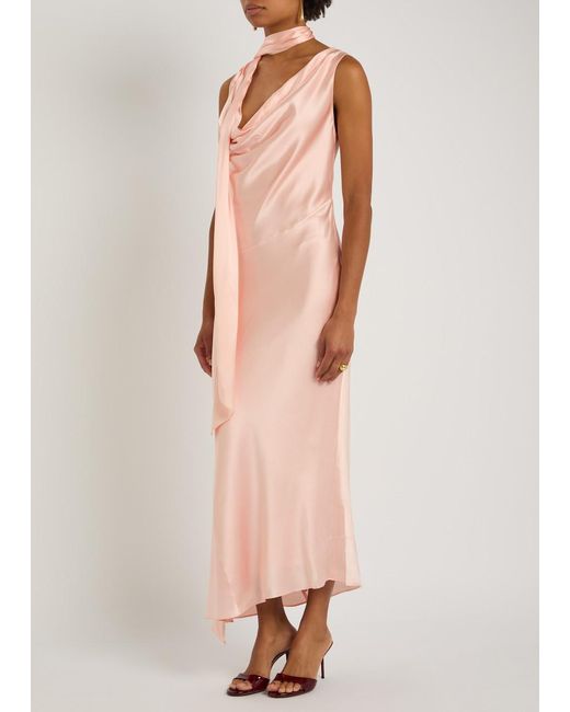 De La Vali Pink Thebe Scarf-Effect Draped Silk-Satin Midi Slip Dress