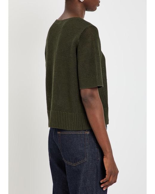 Eileen Fisher Green Open-Knit Linen And Cotton-Blend T-Shirt