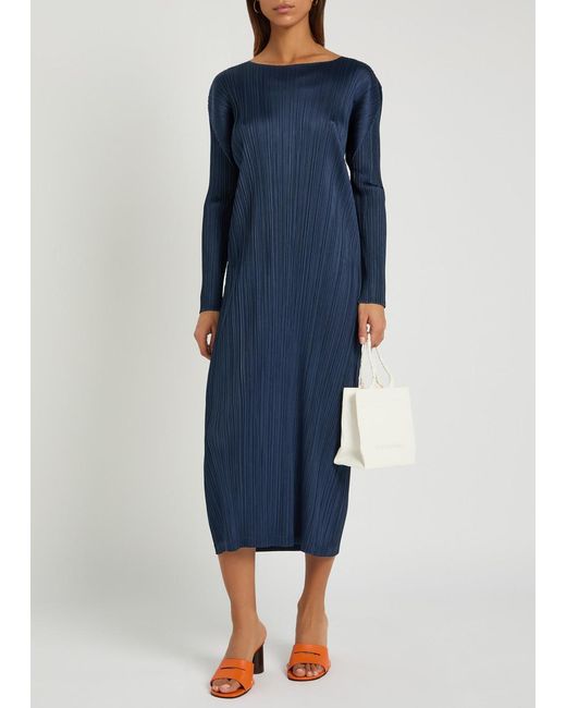 Pleats Please Issey Miyake Blue Pleated Woven Midi Dress