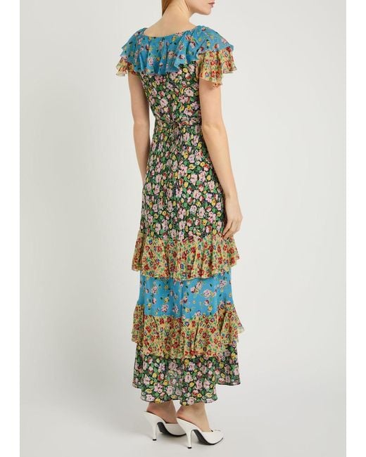 Rixo Blue Benoite Floral Ruffled Silk Midi Dress