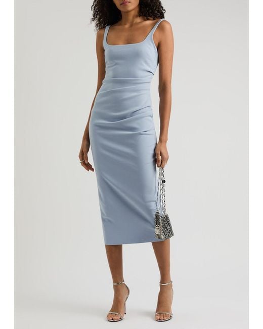 Bec & Bridge Blue Karina Tuck Ruched Midi Dress