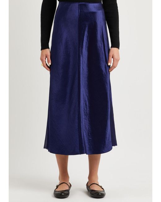 Vince Blue Panelled Satin Midi Skirt