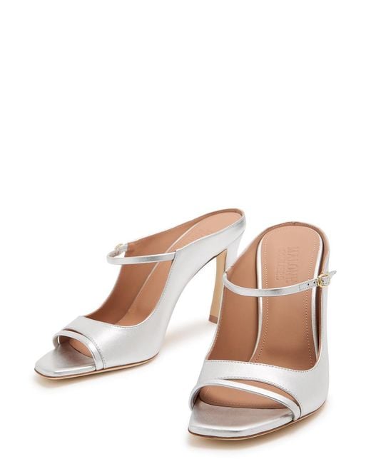 Malone Souliers White Rania 90 Metallic Leather Mules