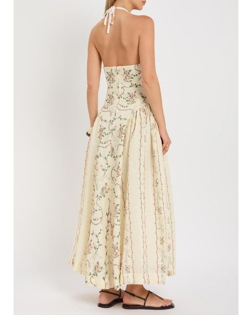 Agua Bendita Natural Balsa Floral-Embroidered Linen Maxi Dress