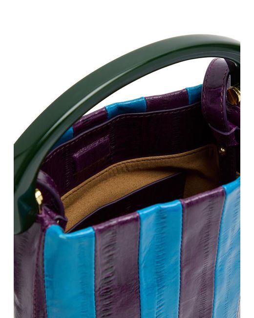 Dries Van Noten Blue Crisp Striped Glossed Leather Top Handle Bag