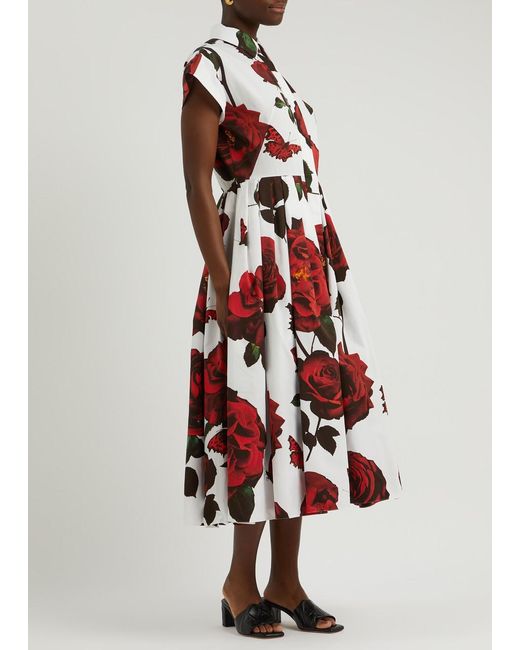 Alexander McQueen Red Floral-print Cotton Midi Dress