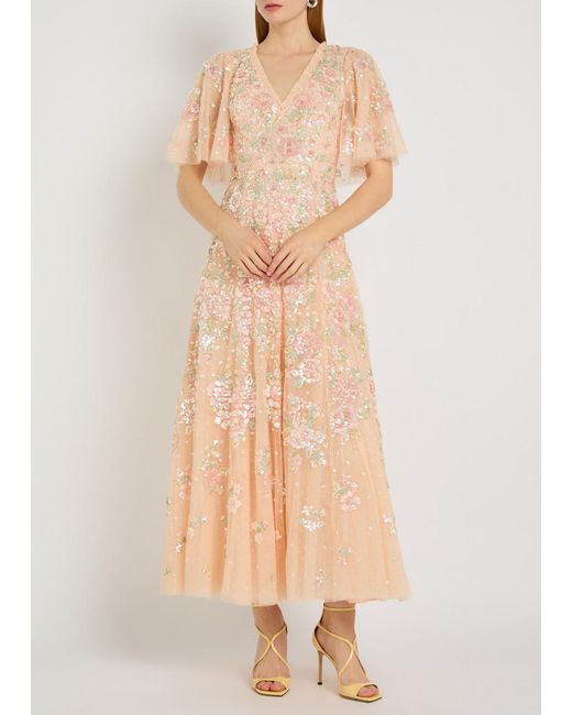 Needle & Thread Natural Sequin Bouquet Embellished Cape-Effect Tulle Gown