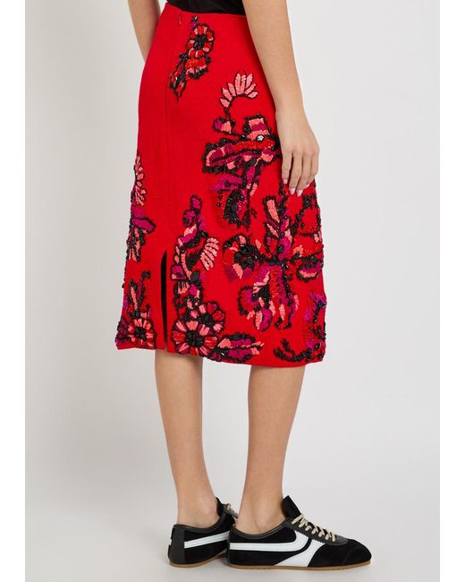 Dries Van Noten Red Summer Floral-Embellished Woven Midi Skirt