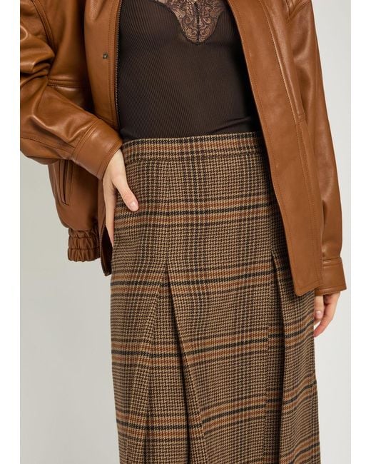 Saint Laurent Brown Houndstooth Inverted-Pleat Wool Midi Skirt