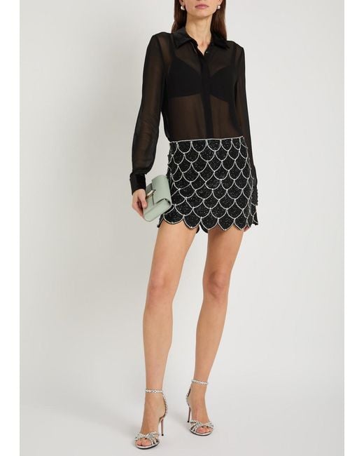 Alice + Olivia Black Willa Velvet-Trim Semi-Sheer Chiffon Shirt