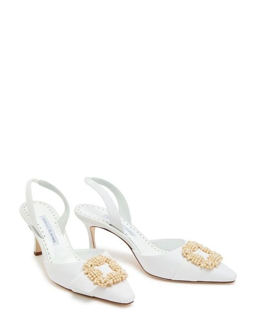 Manolo Blahnik White Gibsli 70 Embellished Crepe Slingback Pumps