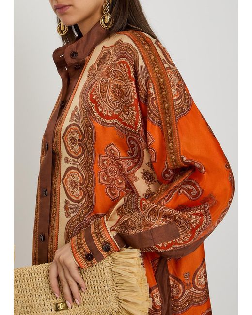 Zimmermann Orange Mohon Printed Silk Shirt