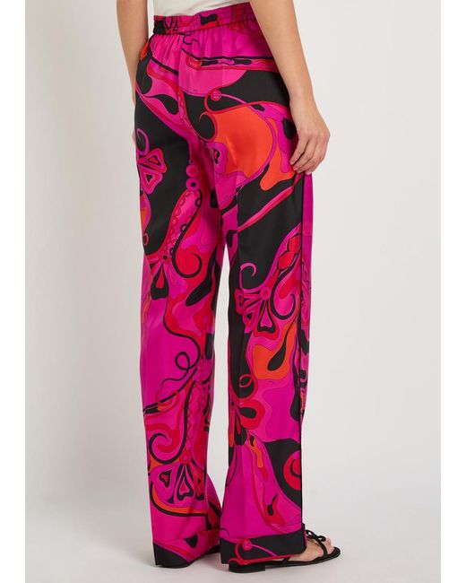 Emilio Pucci Pink Printed Straight-Leg Silk Trousers