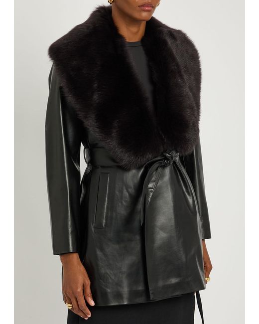Nour Hammour Black Kelsey Fur-Trimmed Belted Leather Jacket