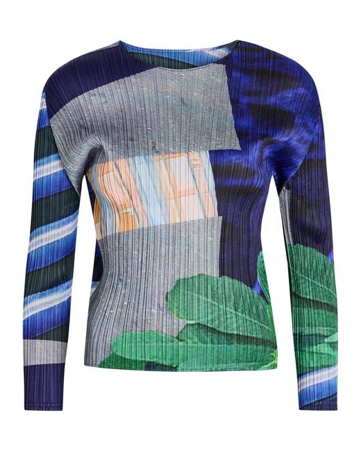Pleats Please Issey Miyake Blue City College Printed Woven Pleated Top