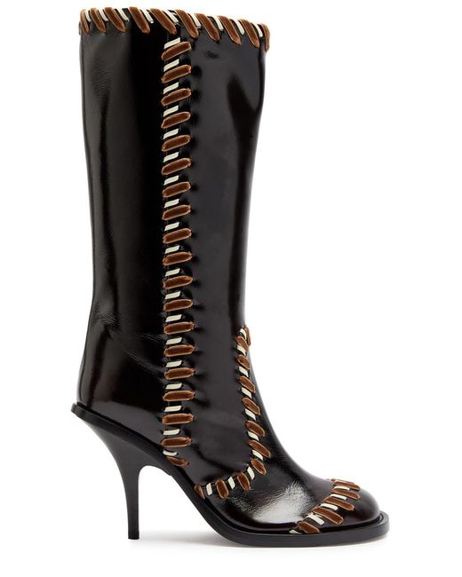 Dries Van Noten Black Whipstitch Glossed Leather Knee-High Boots
