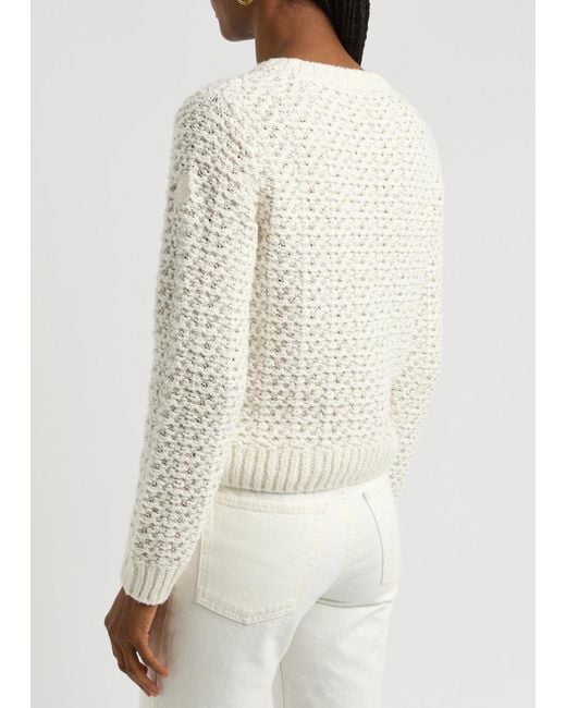 Moncler White Logo Bouclé-Knit Cotton-Blend Jumper