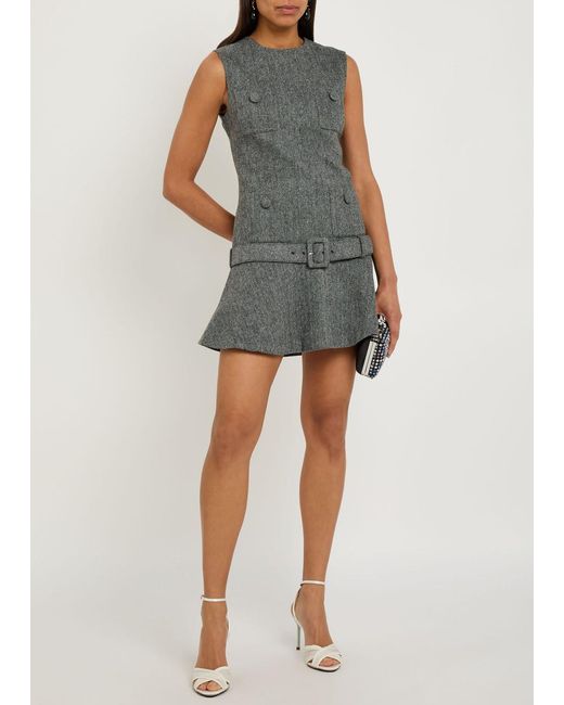 Self-Portrait Gray Herringbone Belted Wool-Blend Mini Dress