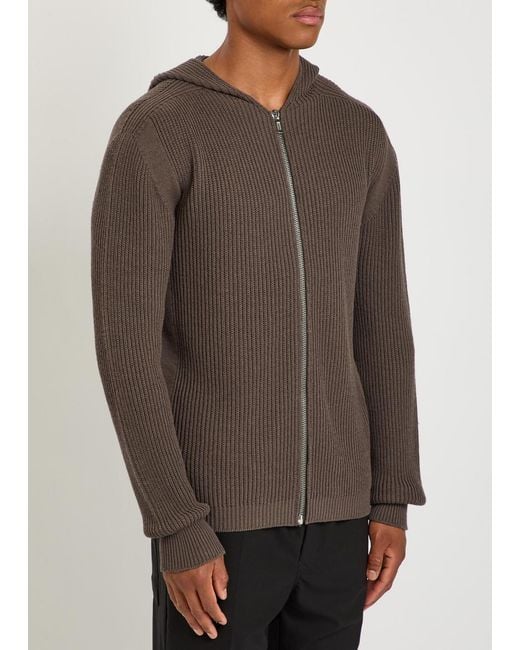 Rick Owens Brown Hooded Zip-Through Ribbed-Wool Jumper for men